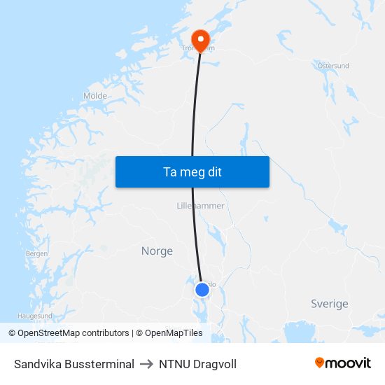 Sandvika Bussterminal to NTNU Dragvoll map
