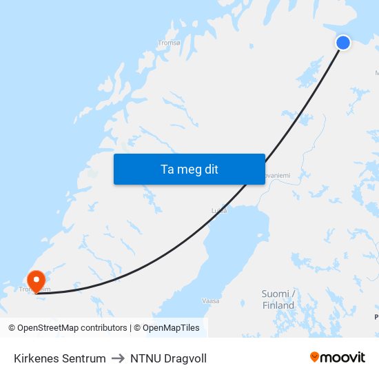 Kirkenes Sentrum to NTNU Dragvoll map