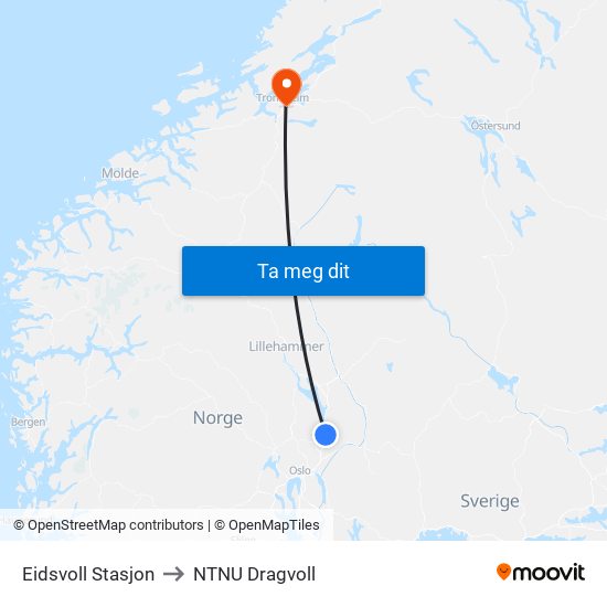 Eidsvoll Stasjon to NTNU Dragvoll map