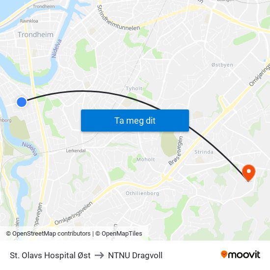 St. Olavs Hospital Øst to NTNU Dragvoll map