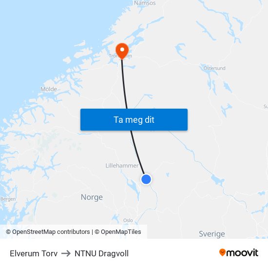 Elverum Torv to NTNU Dragvoll map