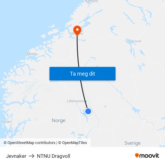 Jevnaker to NTNU Dragvoll map