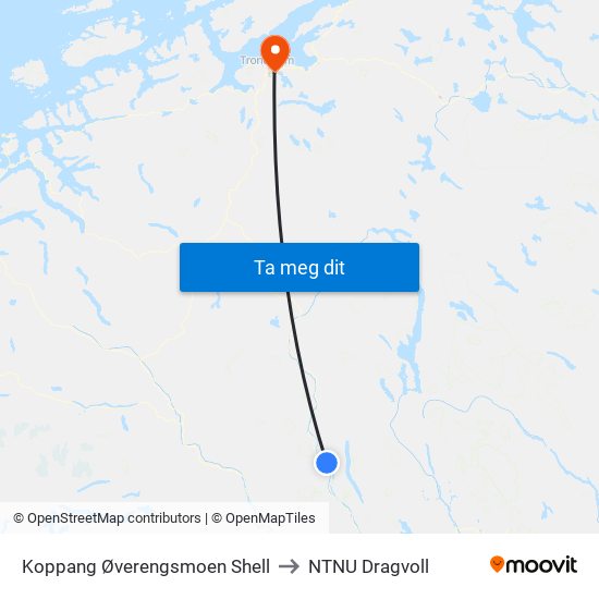 Koppang Øverengsmoen Shell to NTNU Dragvoll map