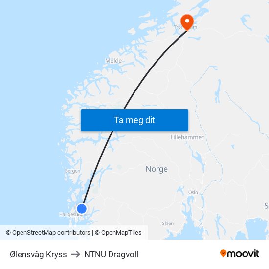 Ølensvåg Kryss to NTNU Dragvoll map
