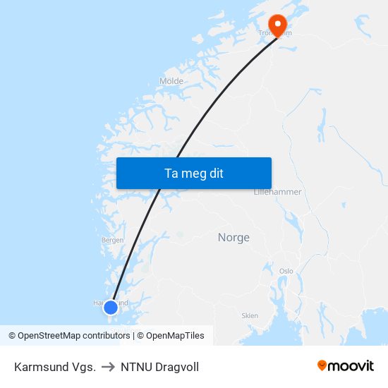 Karmsund Vgs. to NTNU Dragvoll map