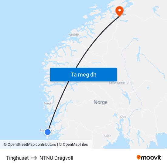 Tinghuset to NTNU Dragvoll map