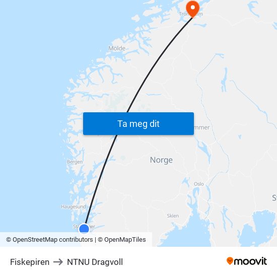 Fiskepiren to NTNU Dragvoll map