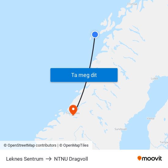 Leknes Sentrum to NTNU Dragvoll map