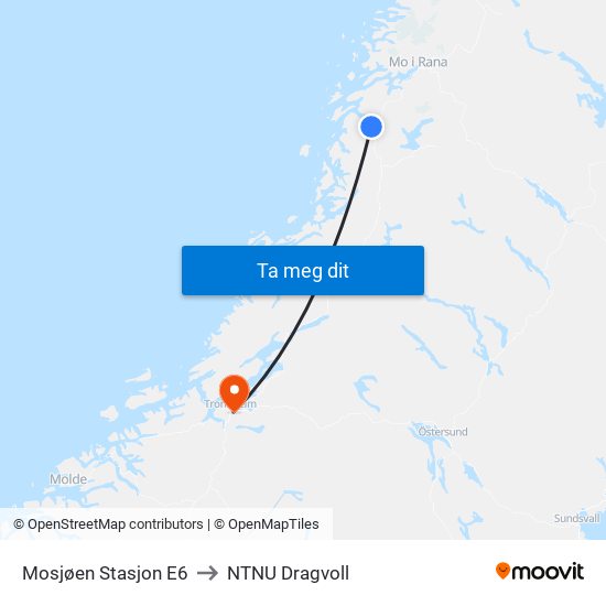 Mosjøen Stasjon E6 to NTNU Dragvoll map