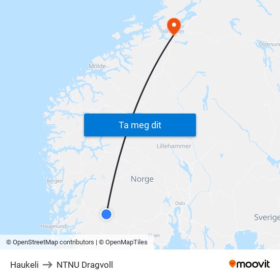 Haukeli to NTNU Dragvoll map