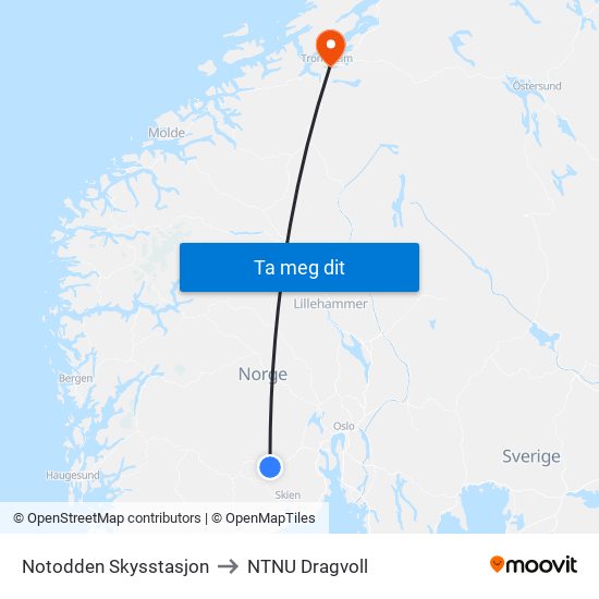 Notodden Skysstasjon to NTNU Dragvoll map