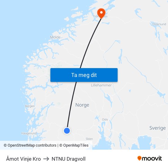 Åmot Vinje Kro to NTNU Dragvoll map