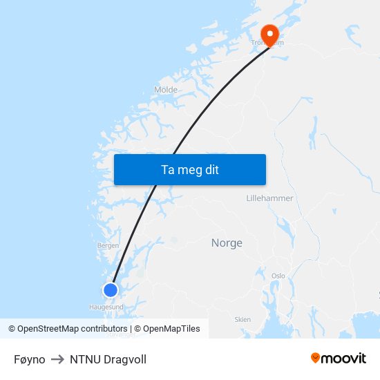 Føyno to NTNU Dragvoll map