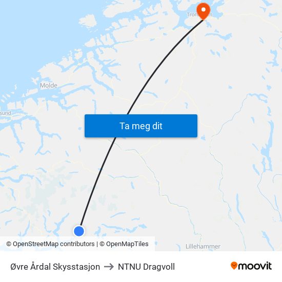 Øvre Årdal Skysstasjon to NTNU Dragvoll map