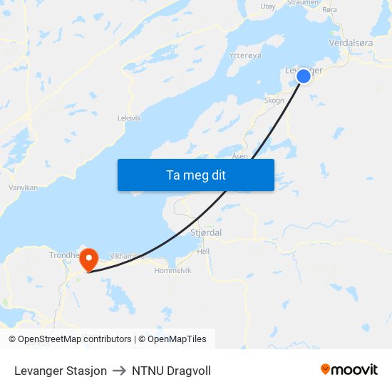 Levanger Stasjon to NTNU Dragvoll map