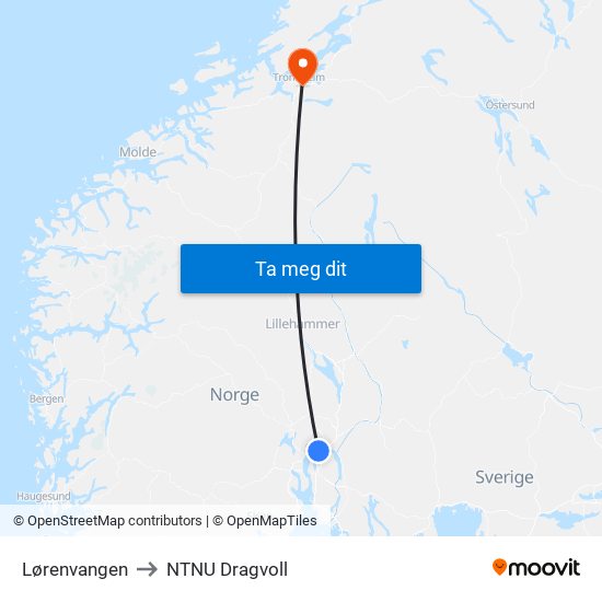 Lørenvangen to NTNU Dragvoll map