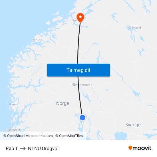 Røa T to NTNU Dragvoll map