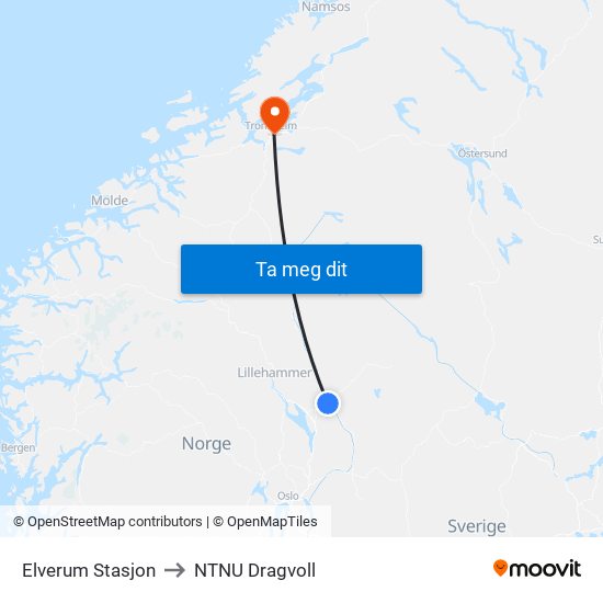 Elverum Stasjon to NTNU Dragvoll map