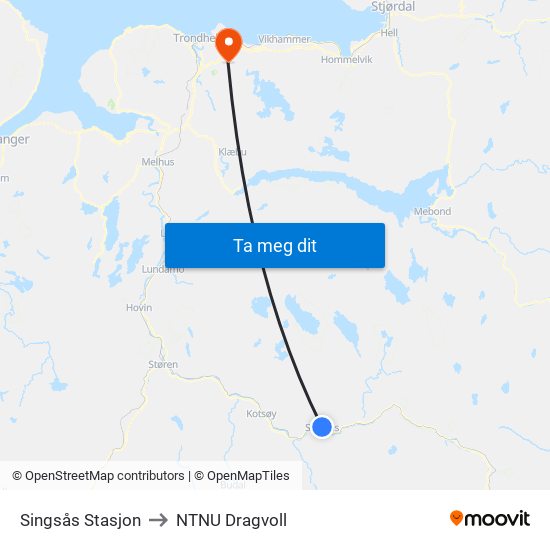 Singsås Stasjon to NTNU Dragvoll map