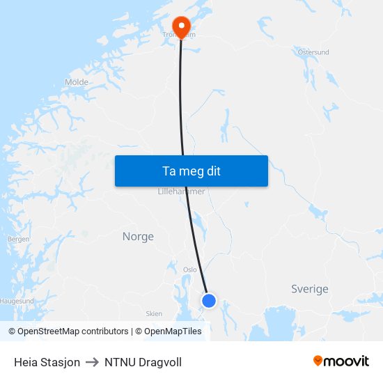 Heia Stasjon to NTNU Dragvoll map