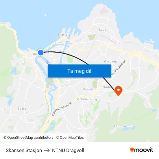 Skansen Stasjon to NTNU Dragvoll map