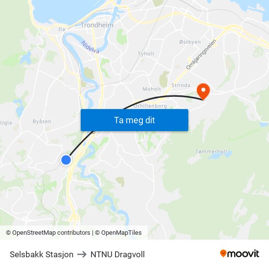 Selsbakk Stasjon to NTNU Dragvoll map