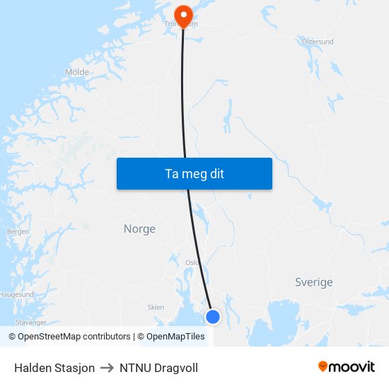 Halden Stasjon to NTNU Dragvoll map