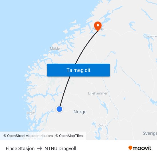 Finse Stasjon to NTNU Dragvoll map
