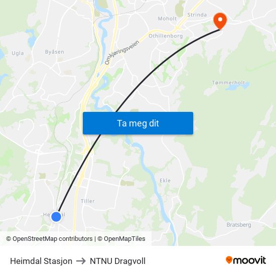 Heimdal Stasjon to NTNU Dragvoll map