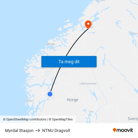 Myrdal Stasjon to NTNU Dragvoll map