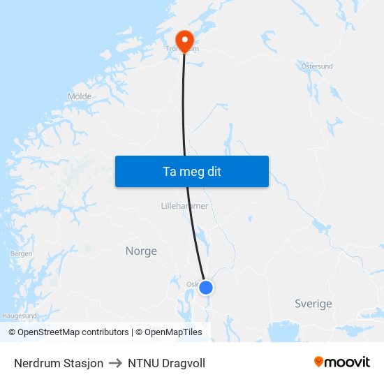 Nerdrum Stasjon to NTNU Dragvoll map