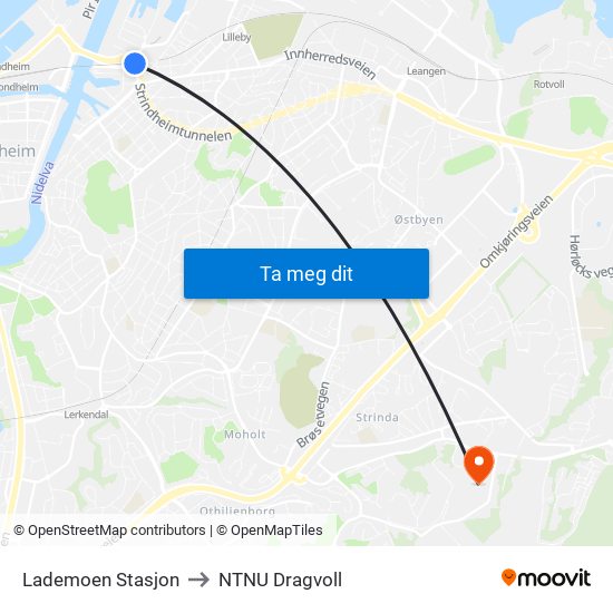Lademoen Stasjon to NTNU Dragvoll map