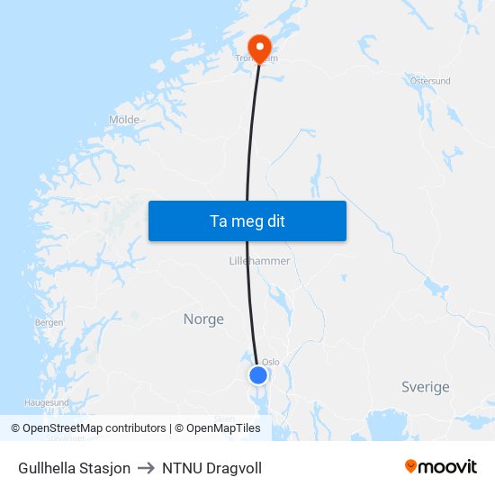 Gullhella Stasjon to NTNU Dragvoll map