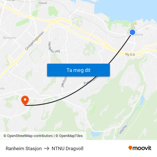 Ranheim Stasjon to NTNU Dragvoll map