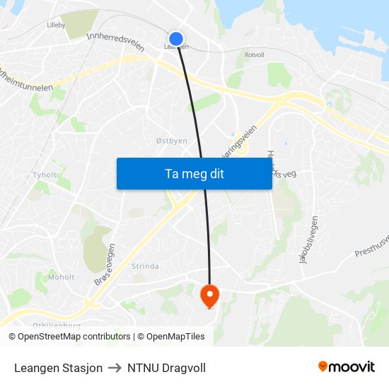 Leangen Stasjon to NTNU Dragvoll map