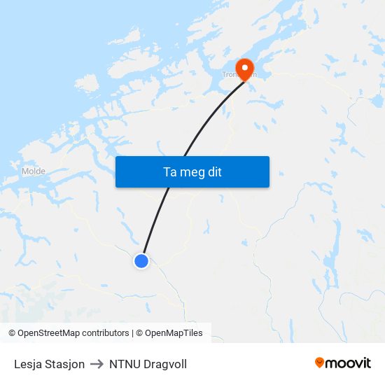 Lesja Stasjon to NTNU Dragvoll map