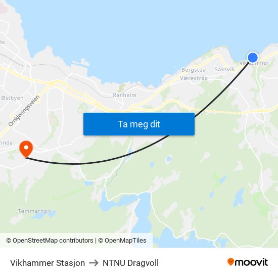 Vikhammer Stasjon to NTNU Dragvoll map