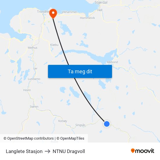 Langlete Stasjon to NTNU Dragvoll map