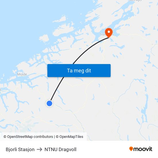 Bjorli Stasjon to NTNU Dragvoll map