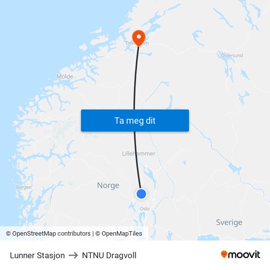 Lunner Stasjon to NTNU Dragvoll map