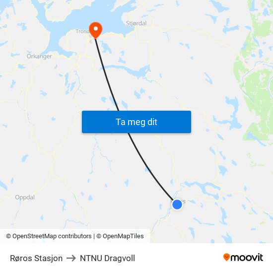 Røros Stasjon to NTNU Dragvoll map