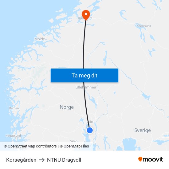 Korsegården to NTNU Dragvoll map