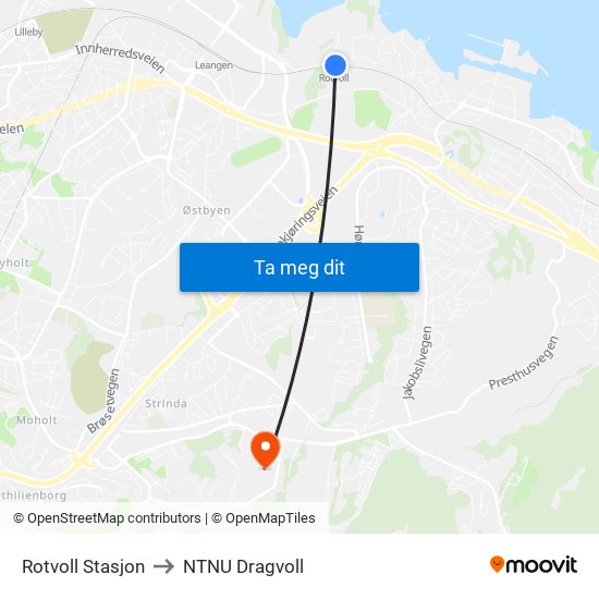Rotvoll Stasjon to NTNU Dragvoll map