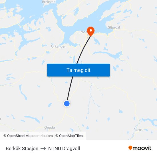Berkåk Stasjon to NTNU Dragvoll map