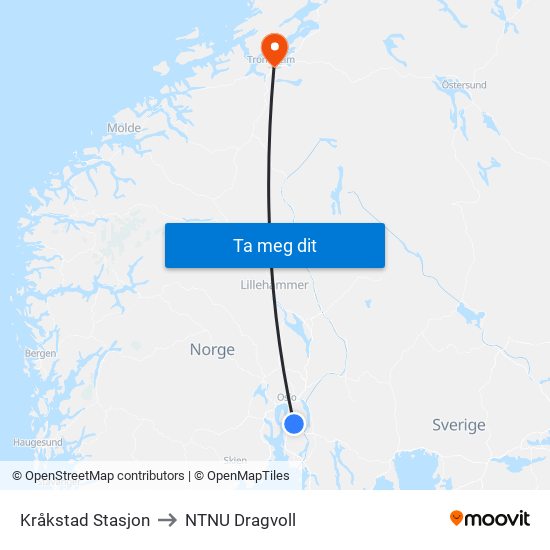 Kråkstad Stasjon to NTNU Dragvoll map