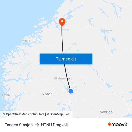 Tangen Stasjon to NTNU Dragvoll map