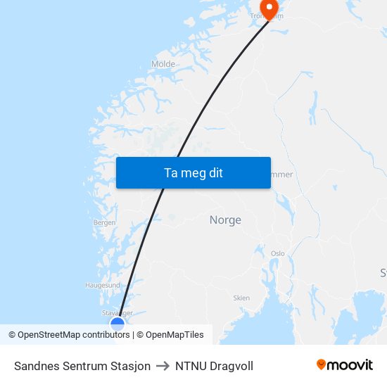 Sandnes Sentrum Stasjon to NTNU Dragvoll map