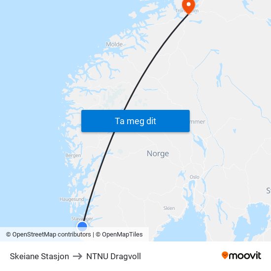 Skeiane Stasjon to NTNU Dragvoll map