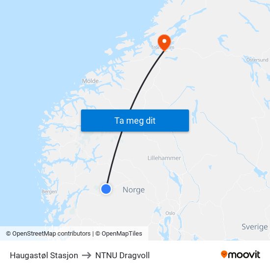 Haugastøl Stasjon to NTNU Dragvoll map