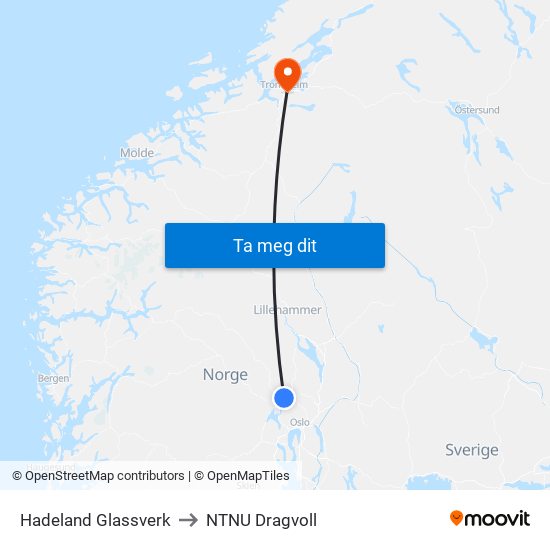 Hadeland Glassverk to NTNU Dragvoll map
